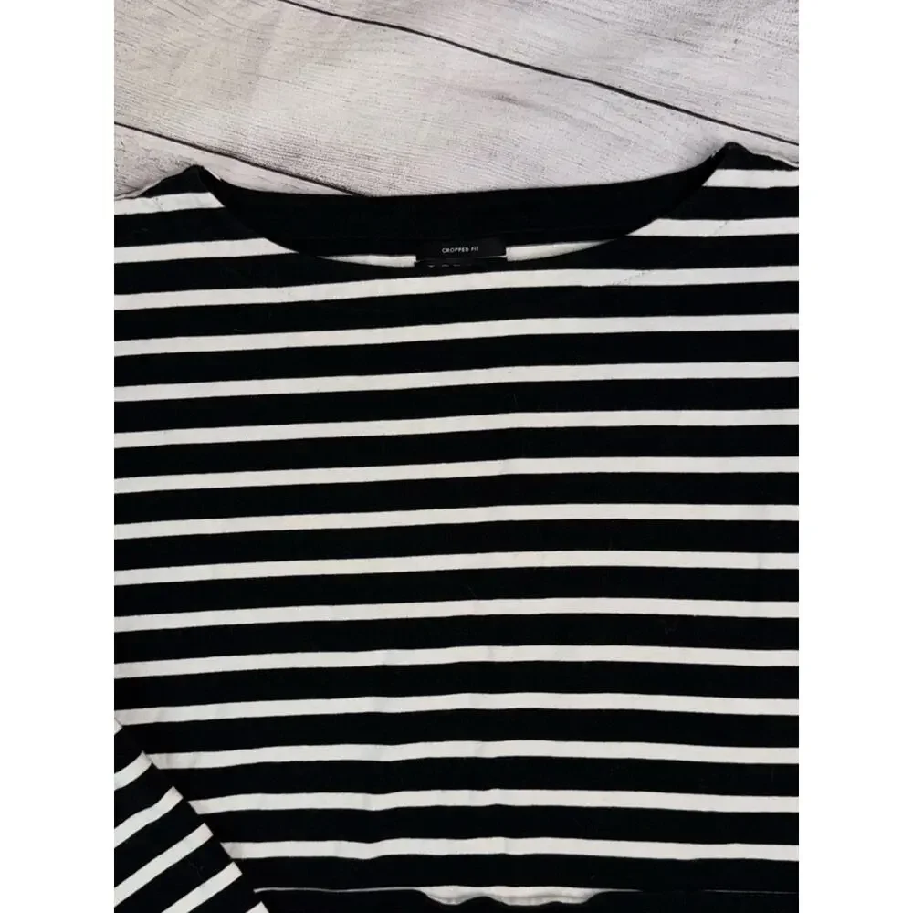 J. Crew Women's Cropped Fit Striped Boat Neck Top Black White Stripe Size Large